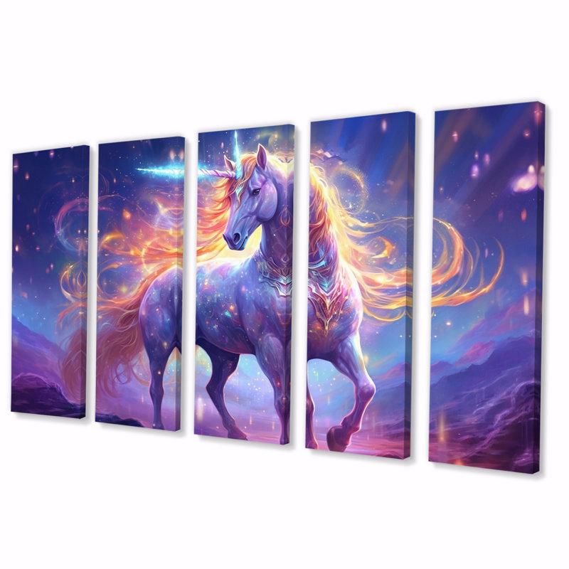 Cosmic mauve licorne magique I - impression d'art de licorne fantastique - 5 panneaux égaux