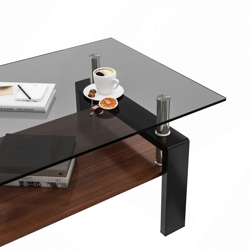 Table basse rectangulaire, table de salon avec tablette, table basse moderne, table à thé, Noir / brun, Gris