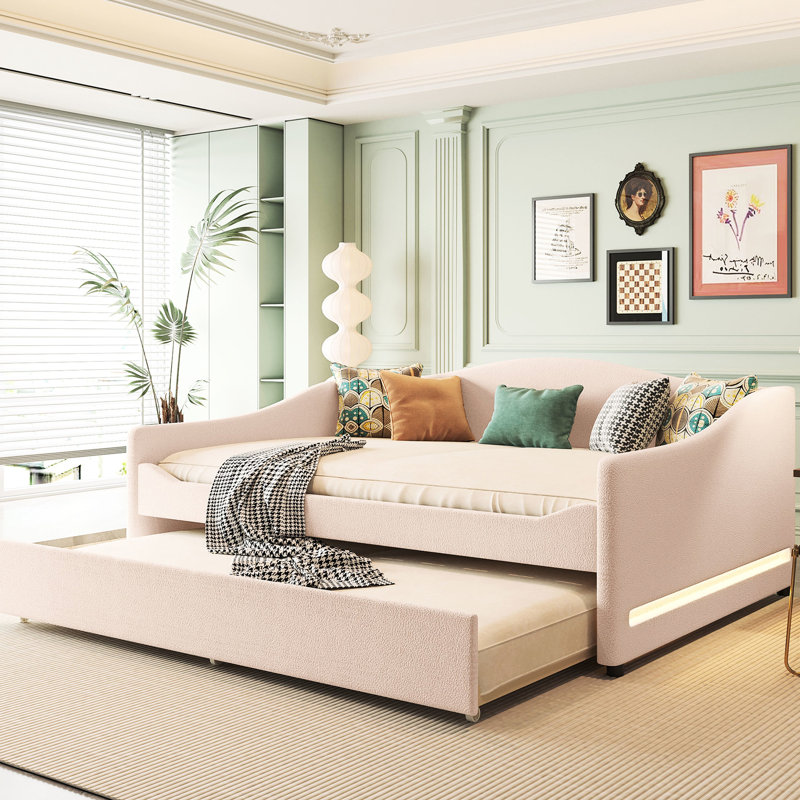 Lit de jour rembourré beige avec lit gigogne et twist, Lit double, Beige