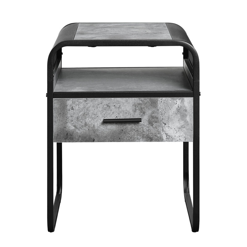 Table de bout en béton gris et noir avec glissières en métal lisse et espace de rangement pratique et élégant