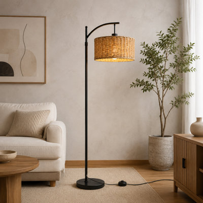 Black adjustable arc rattan floor lamp with remote control and a dimmable 3-color-temperature bulb; farmhouse-boho standing light with a wicker shade for living rooms, bedrooms, offices, and corners.