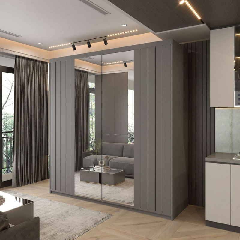 Modern Double Sliding Door Wardrobe in /Grey/Oak/White, Grey, 217cm H x 150cm W x 62cm D