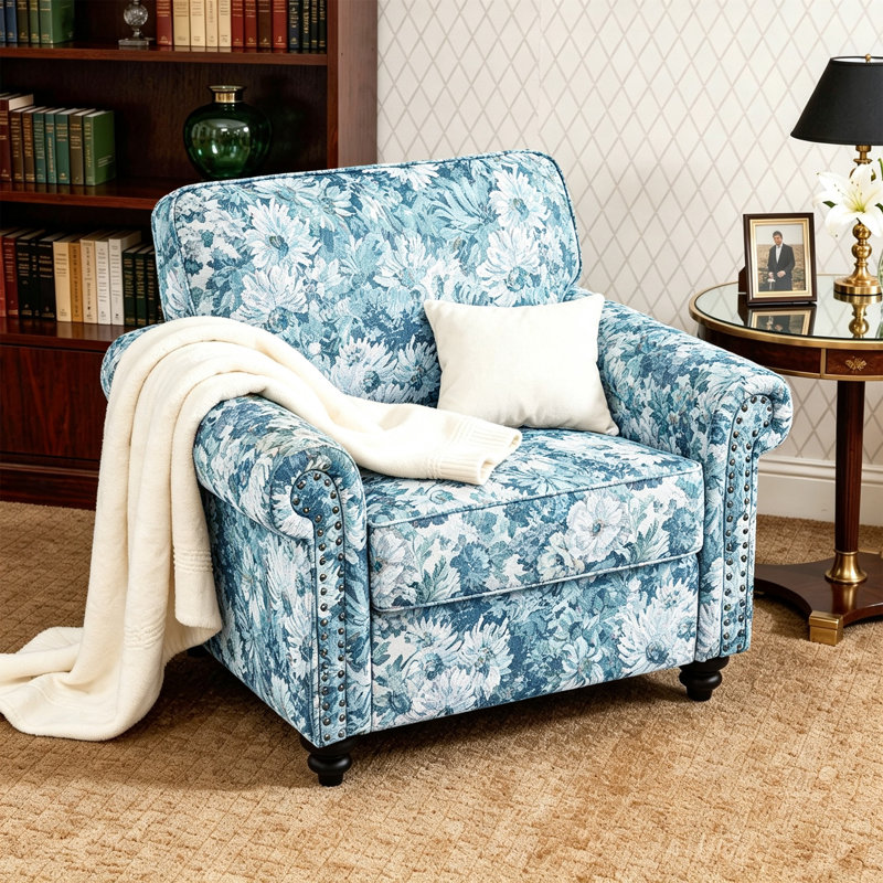 Fauteuil rembourré en mélange de coton, Fleurs cyan
