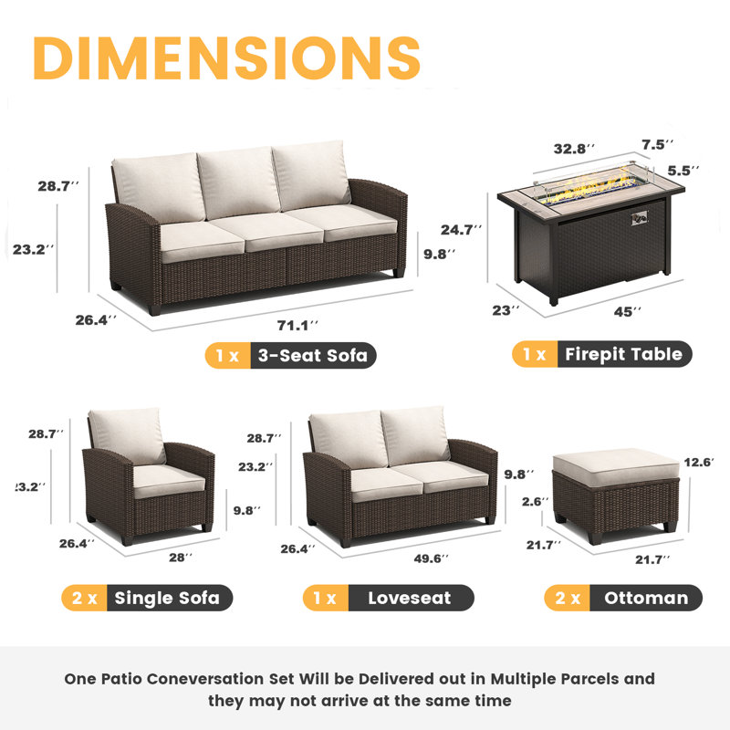 Ensemble de conversation modulaire en osier pour 7 personnes avec foyer et table