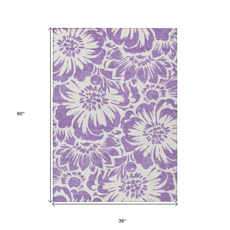 3' X 5' Purple and Ivory Floral Washable Non Skid Indoor Outdoor Area Rug