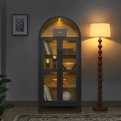 A high arched storage cabinet with a lamp, a modern retro-style storage cabinet with adjustable glass partitions, suitable for use as a multi-function by Red Barrel Studio