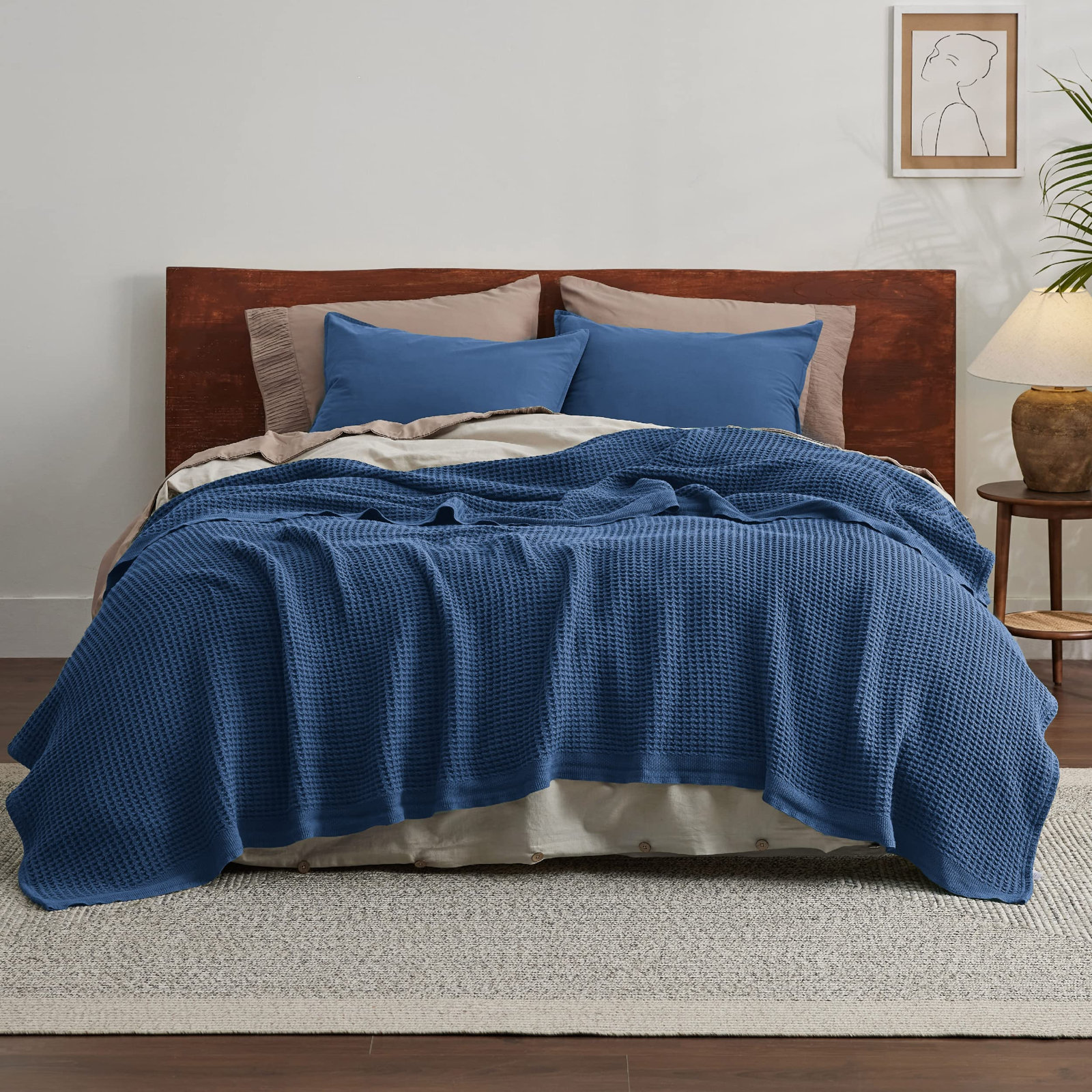 Bedsure Cotton Waffle Weave Throw Blanket, Navy, Throw XL