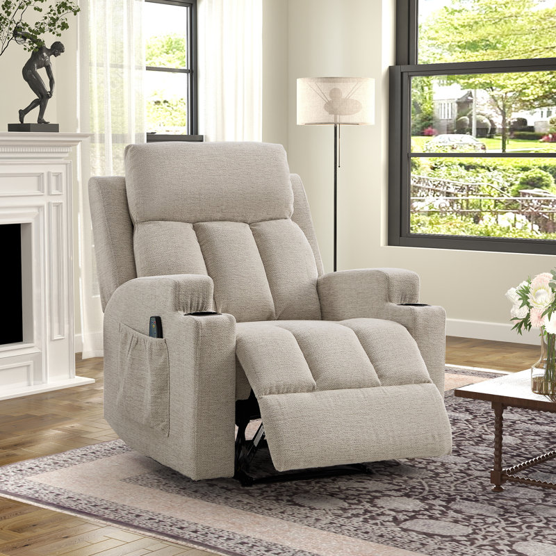 33.1" W Heated Massage Recliner, Oatmeal Microfiber / Microsuede