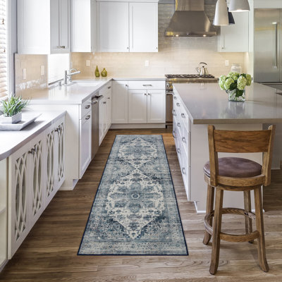 2x6 Runner Area Rug for Living Room, Machine Washable Rug, Stain Resistant Non-Slip Kitchen Rug, Traditional Distressed Accent Rug, Vintage Carpet for Bedroom, Dining Room, Office, Navy