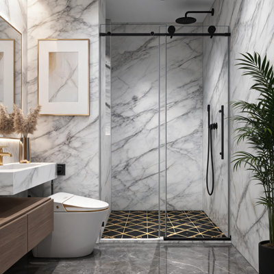 56 inch to 60 inch Matte Black Frameless Adjustable Single Sliding Glass Shower Door with Certified Thick Clear Tempered Glass and Stainless Steel Hardware