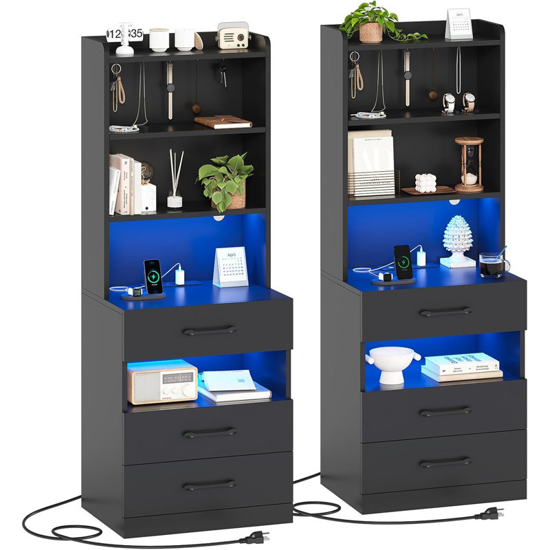 Nightstands Set of 2, Modern Bedside Tables with Storage Drawer & Open Shelf, End Side Table for Bedroom, Living Room, Small Spaces