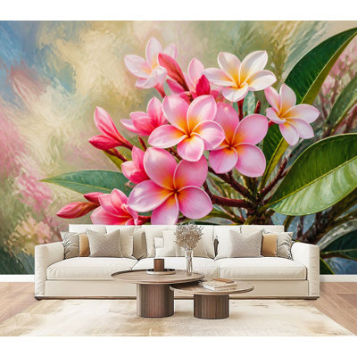 Décoration murale rose adhésive de fleurs de plumeria roses, feuilles vibrantes tropicales, papier peint adhésif et adhésif moderne pour salon de chambre à coucher L 69 po x l 96 po