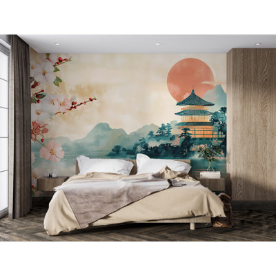 Papier peint oriental oriental avec des fleurs de Sakura 