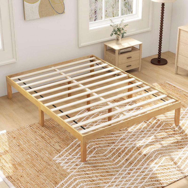 Base de lit plateforme en bois 14 po avec pieds en bois d'hévéa, Beige, Grand lit