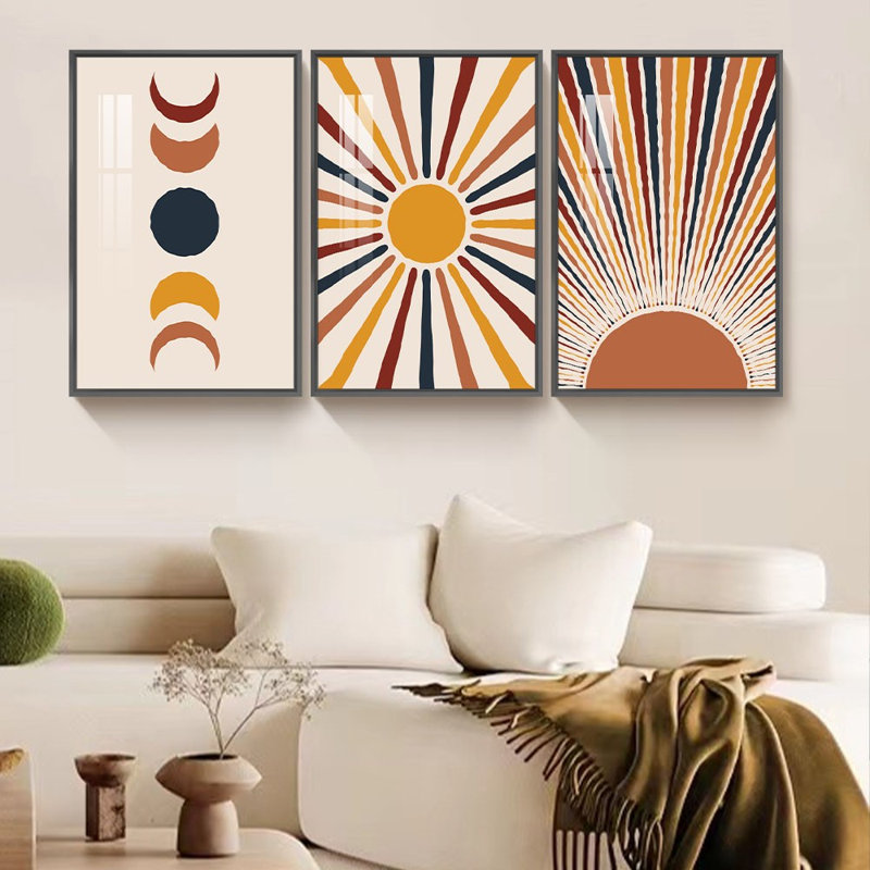 Ensemble de 3 reproductions géométriques modernes de soleil et de lune - ensemble de 3 cadres photo sur toile, Noir