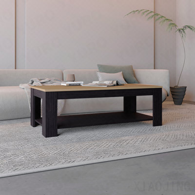 Table basse moderne en chêne naturel avec tablette de rangement ouverte