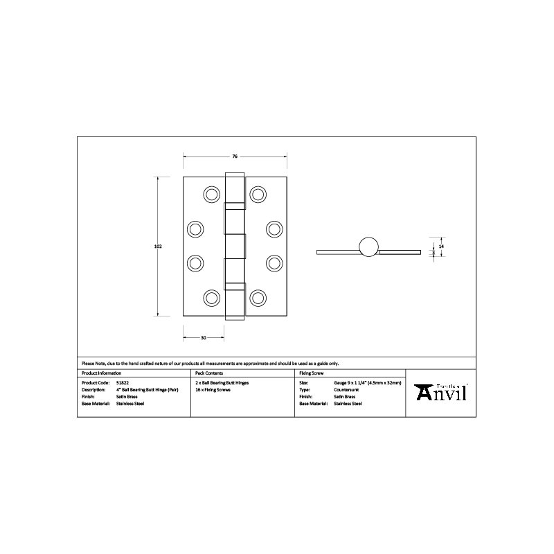 10.2cm H x 76cm W Butt Bearing Pair Door Hinges