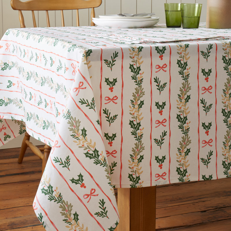 Christmas Holly Stripe Cotton Table Cloth, 137x229cm