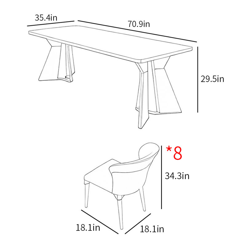 Italian modern light luxury dining table sets, 29.5"H x 70.9"L x 35.4"W
