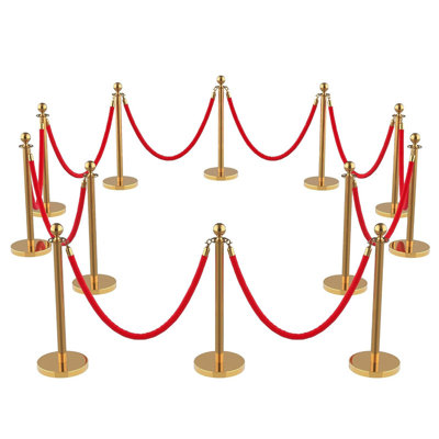 12-Pack Sturdy Gold Stanchion Posts, 10Pcs 5FT Red Velvet Ropes, Retractable Crowd Control Barriers, Sand-Fillable Base, Zinc-Alloy Ball Top for Weddings, Museums, Parties