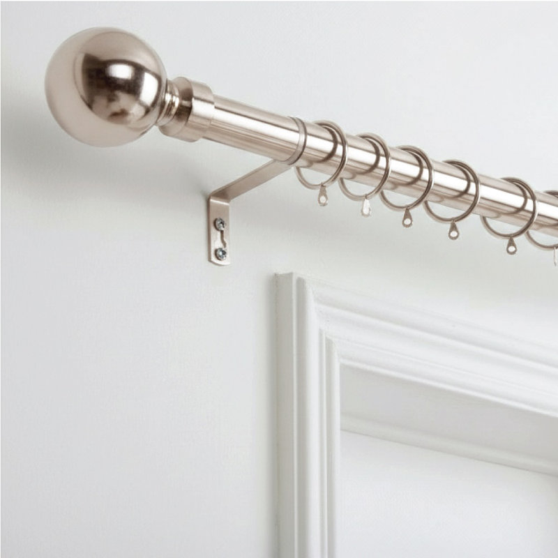 Extendable Metal Curtain Pole, Adjustable Curtain Rod with Brass Finials & Rings, 180cm - 340cm, Chrome