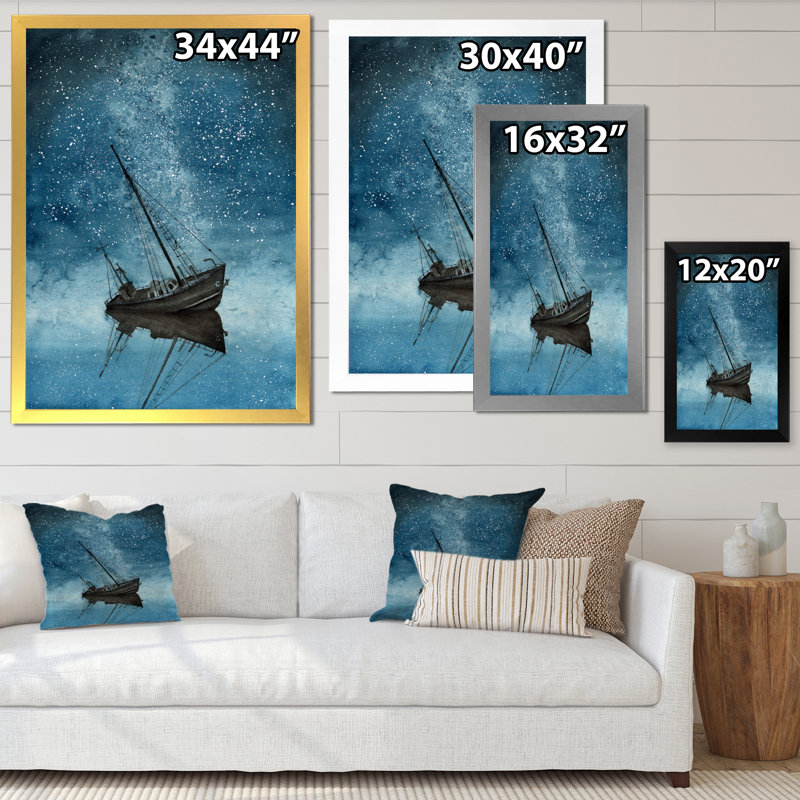 «Ship with a Night Sky Strewn», reproduction sur toile, H 32 po x l 16 po, Cadre noir
