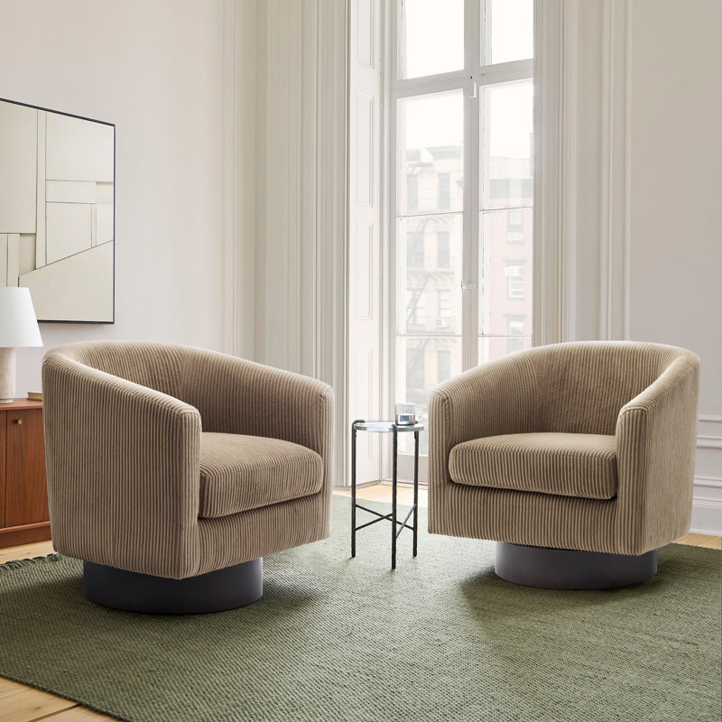 Fauteuil demi-tonneau pivotant en velours côtelé avec base en bois massif Applewold, Velours côtelé chameau