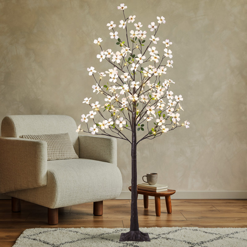 Arbre à fleurs illuminé de 6 pi avec des baies et des lumières blanches chaudes pour le printemps et l'extérieur
