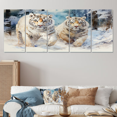 White Tigers Playing In The Snow IV - Tiger 5 Piece Wall Art Canvas