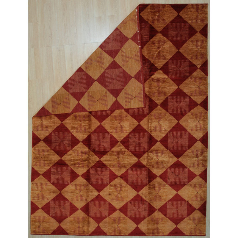 Coral Hand-Knotted Wool Diamond Hourglass Motif Geometric Modern Contemporary Carpet Rug, 6' x 9'