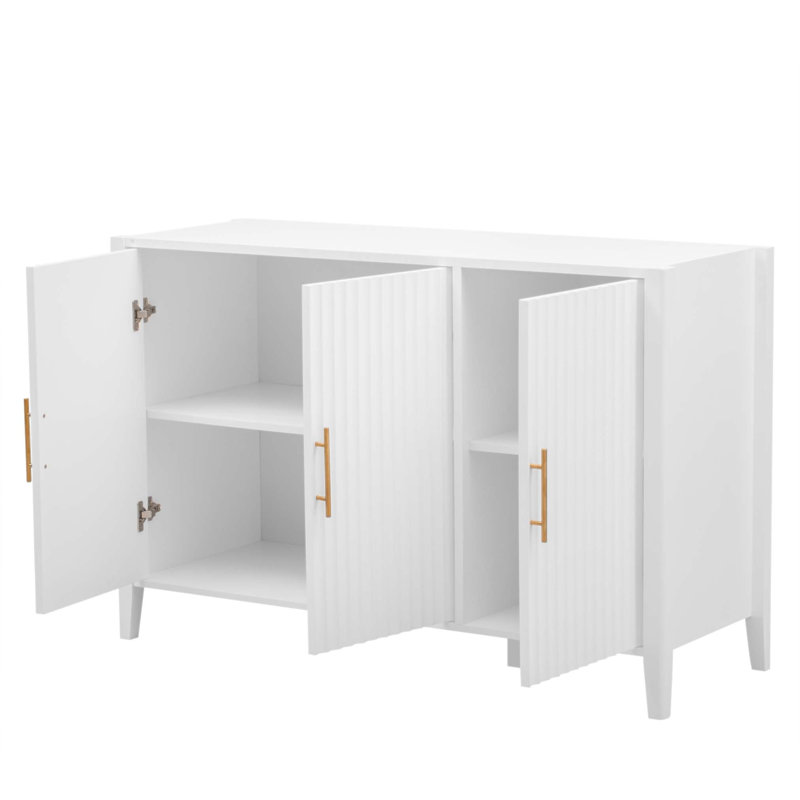 Buffet ondulé à 3 portes avec pieds en pin massif, armoire de rangement à finition peinte pour une utilisation moderne et polyvalente