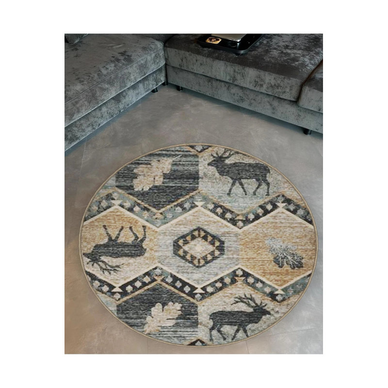 Gray Beige Vintage Deer Detailed Woven Base Modern Decorative Carpet, Round 3'4"