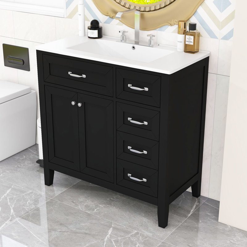 Freestanding Bathroom Vanity with Ceramic Sink, Storage Cabinet and 3 Drawers, Black/Silver
