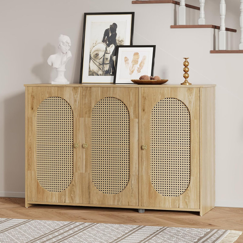 Buffet rétro à 3 portes avec grand espace de rangement et armoire d'appoint, Bois naturel