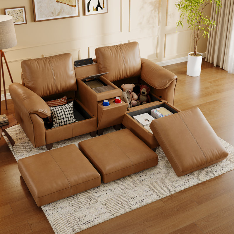 Canapé modulaire en forme de L 83 po à 3 places avec rangement et console, gris, Brun