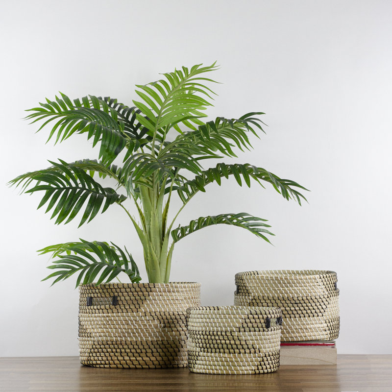 Set of 3 Beige and White Wicker Storage Baskets