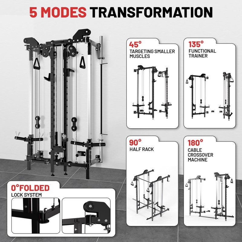 Machine murale pliante Smith | Support électrique multifonctionnel avec système à double poulie pour la gymnastique à domicile