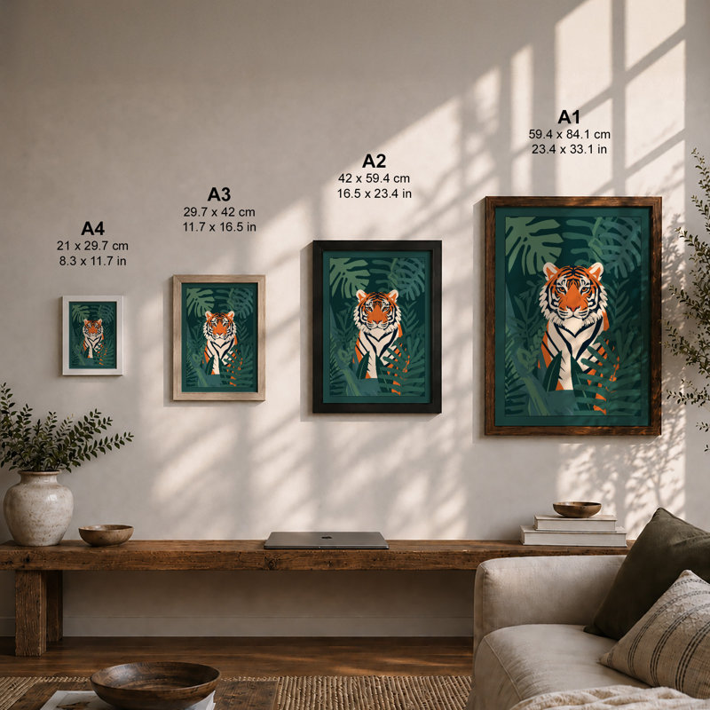 Tiger in Jungle Depths Tropical - Framed Print, A1 - 84.1 x 59.4 cm, Black