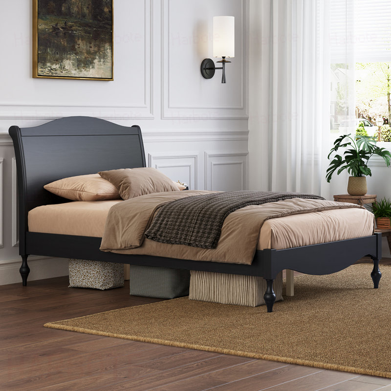 Structure de lit double en bois avec tête de lit, lit plateforme rétro, tête de lit arquée et pied de lit, grand rangement sous le lit, aucun sommier nécessaire