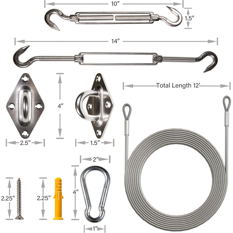 Amgo Hardware Kit Set for Triangle Sun Shade Sails Canopy (10 Inch Hardware Kit + Cables)