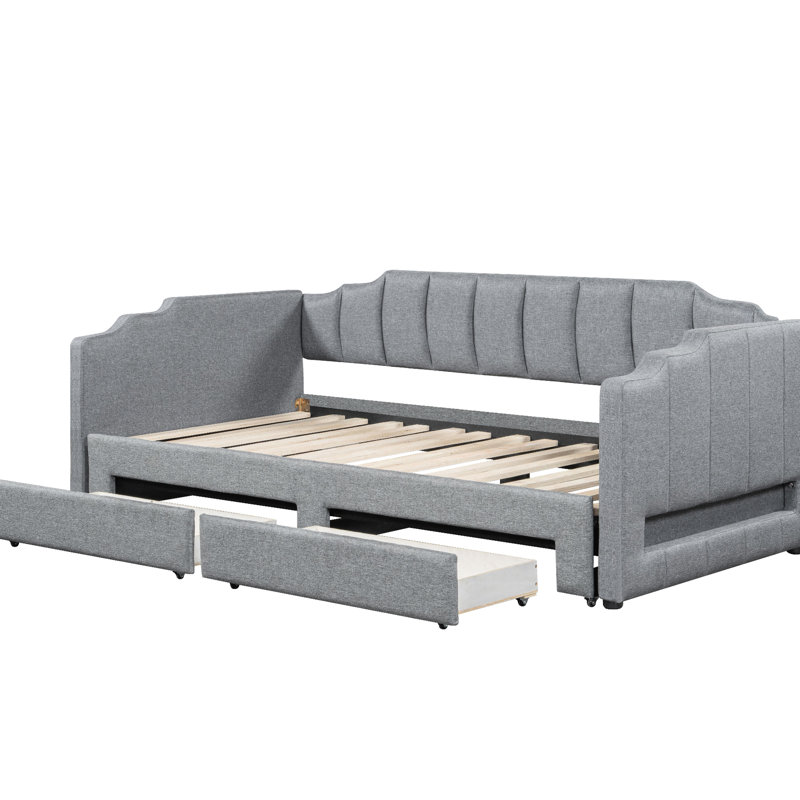 Twin Xl To King Upholstered Daybed With Led And Two Storage Drawers, Gray, Ideal For Changing Spaces Gray Extendable Long - Lasting