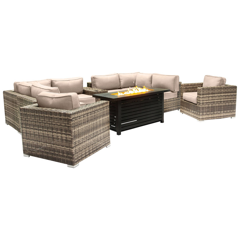 Ensemble de conversation pour 6 personnes avec foyer en métal et coussins Sunbrella Lsi, Beige