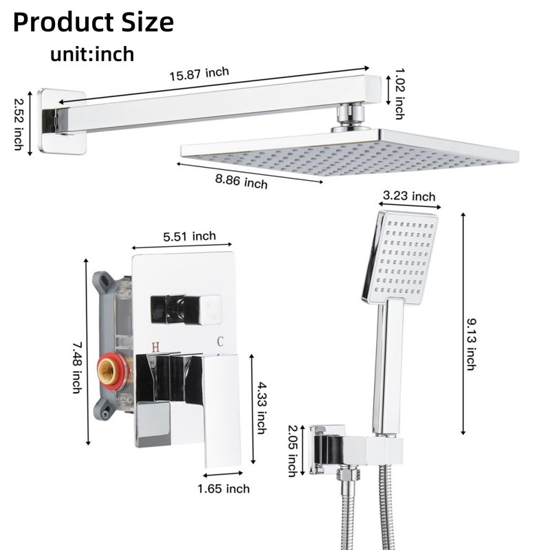 Chrome Alloy Double-Handle Double-Head 9-Inch Square High-Pressure Shower Faucet (With Valve), Chrome Alloy