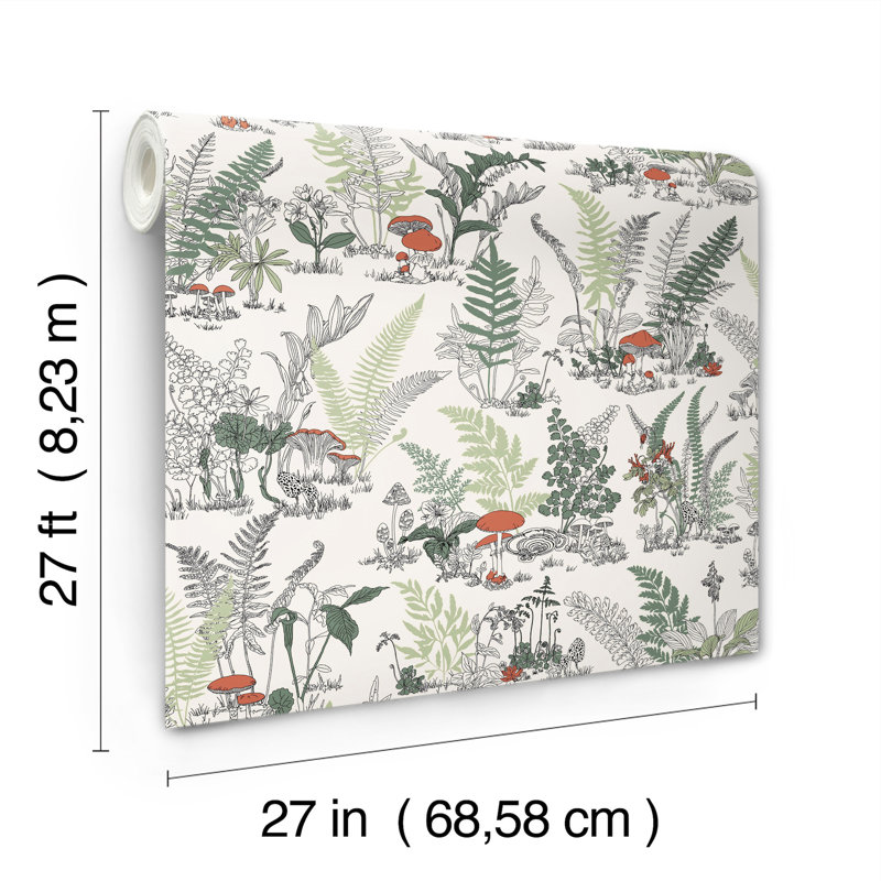 Mushroom Garden Toile Wallpaper Roll, Red & Green