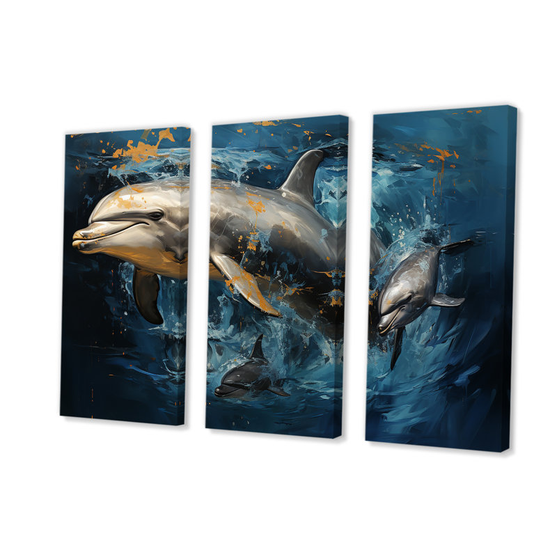 Blue Dancing Dolphins IV - Animals Dolphin Wall Art, 28" H x 36" W