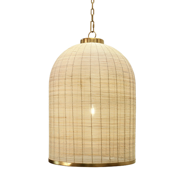 Bell Shaped Natural Rattan Pendant with Satin Brass Trim