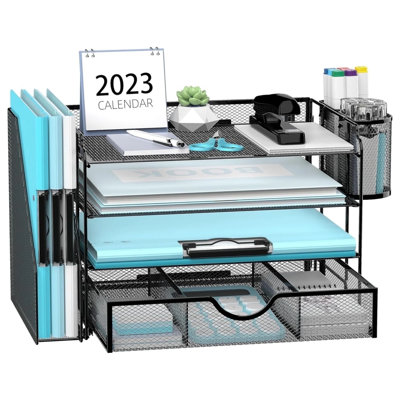 4-Tier Metal Desk Organizer With File Holder, 1 Drawer, 2 Pen Holders, Paper Organizer