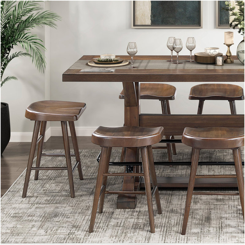 Ensemble de table de salle à manger à hauteur de comptoir de 9 pièces avec repose-pieds en métal brun et 8 tabourets