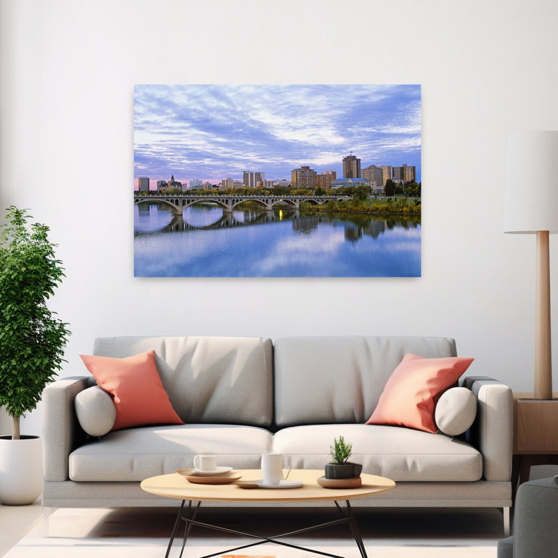 Cityscape With Arch Bridge Over River, Saskatoon, Saskatchewan, Canada Contemporary Architecture City Wall Art