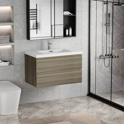 Meuble-lavabo 36 po avec lavabo, meuble-lavabo attrayant. Lavabo en résine, tiroirs à fermeture en douceur. Rangement gris cendré. Armoire flottante impressionnante 24V11-36Ag. Grandeur.